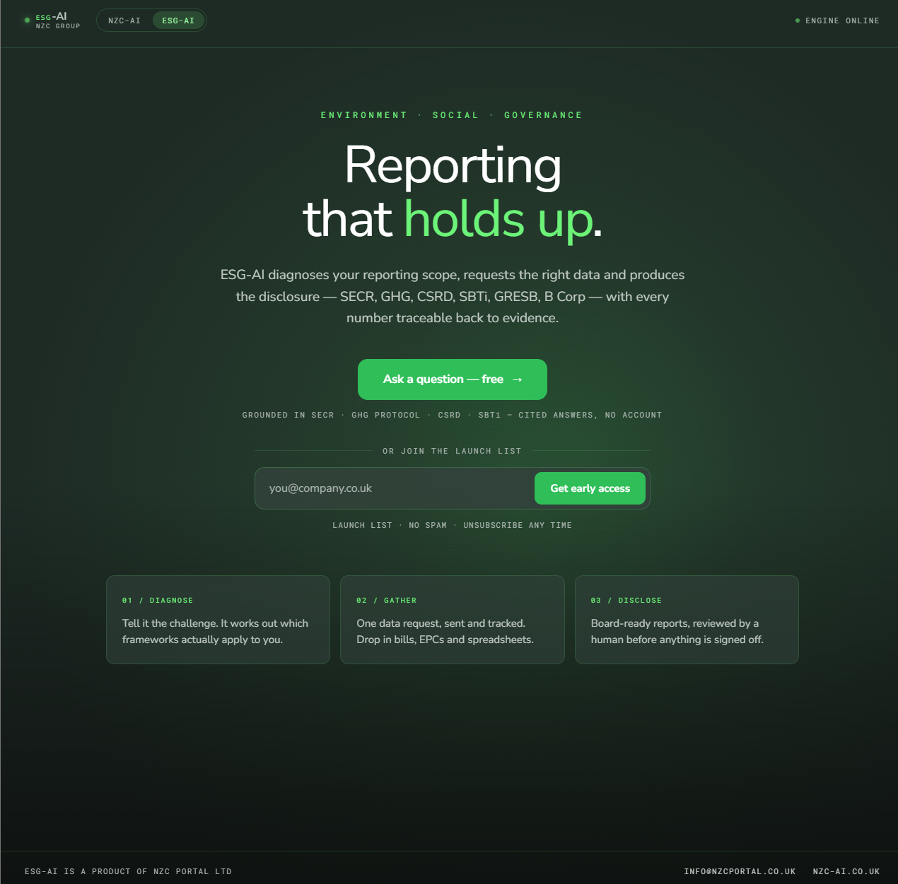 ESG AI reporting interface introducing its diagnose, gather and disclose workflow